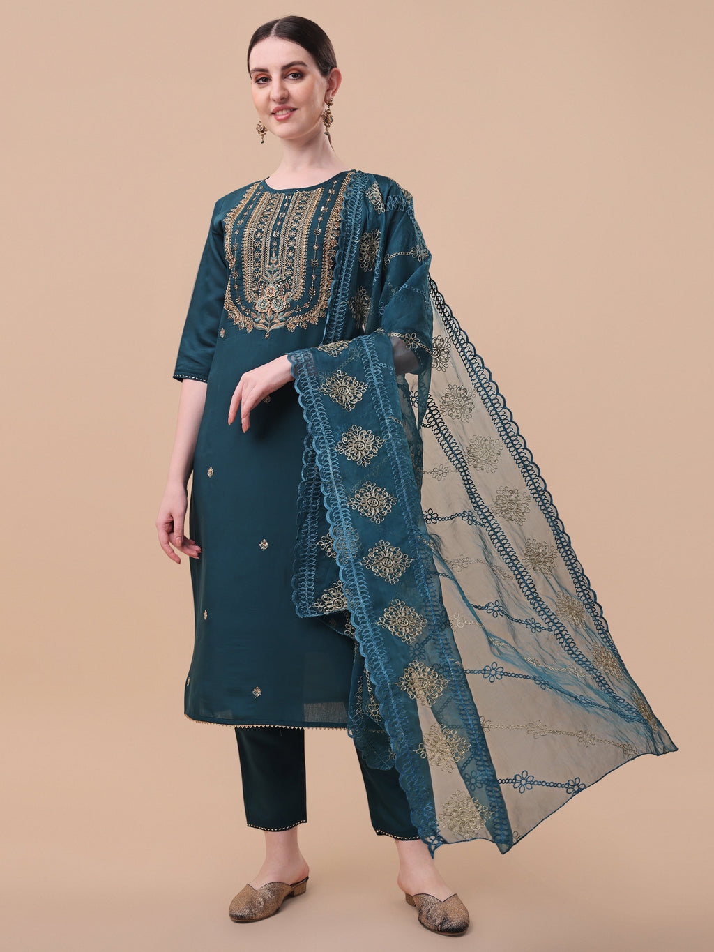 Multicolor embroidered rayon kurta set consisting of a kurta, pants, and a dupatta