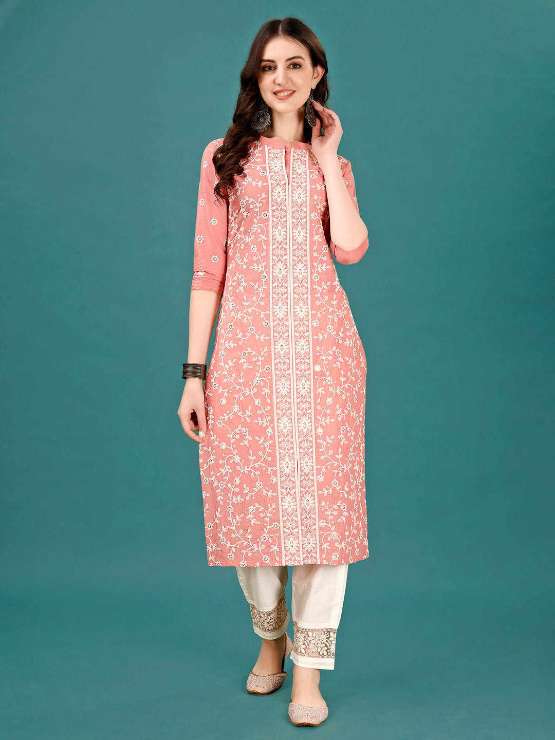 Multicolor Lucknowi embroidered rayon kurta with designer pants featuring 3/4th sleeves and collar neck.