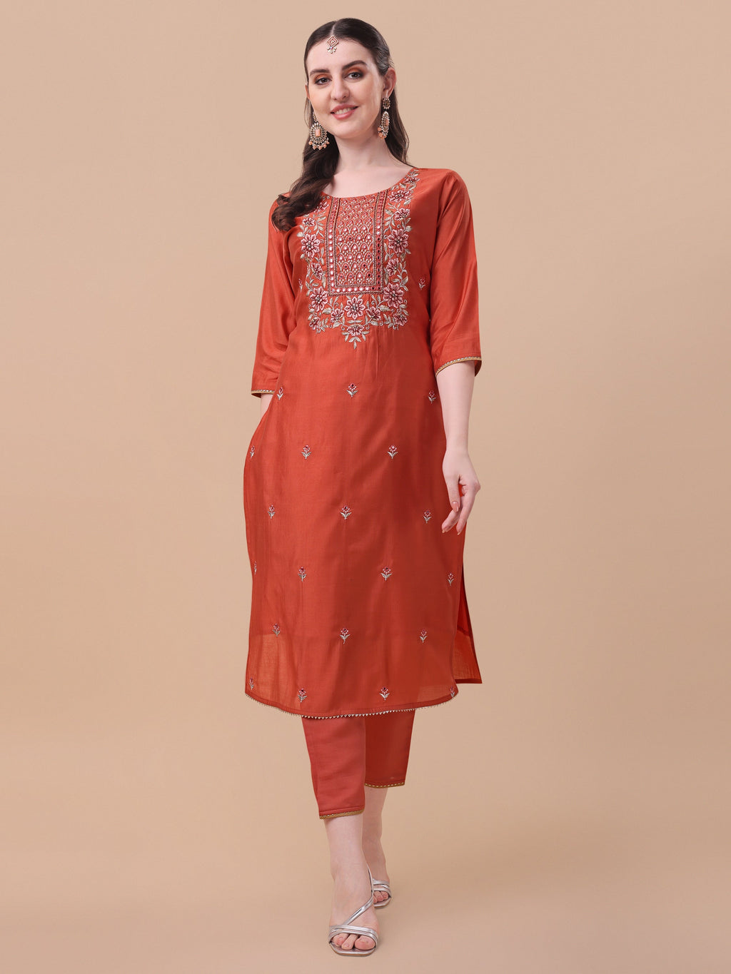 Multicolor Embroidered Kurta Set with Printed Dupatta and Pants