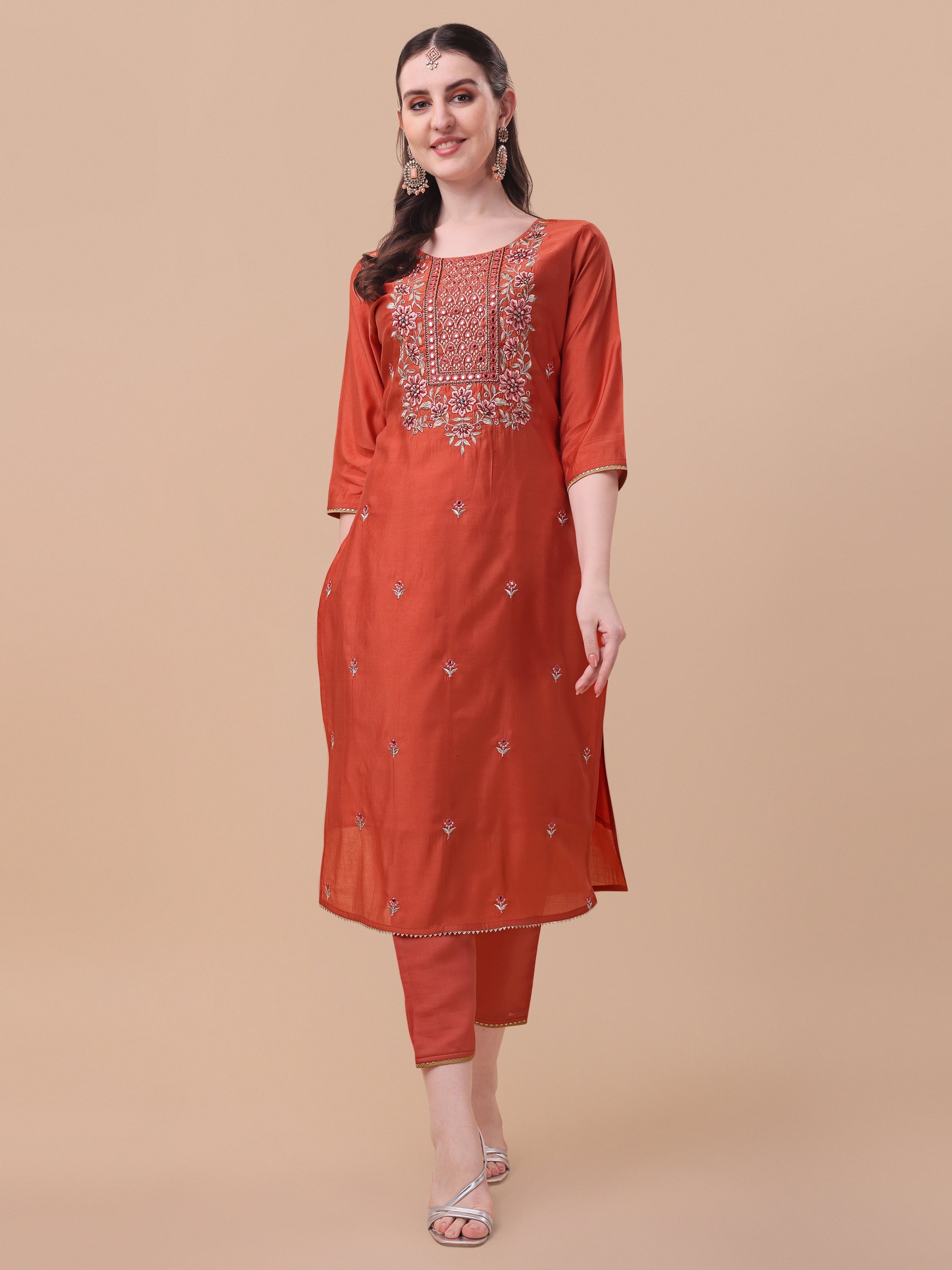 Multicolor Embroidered Kurta Set with Printed Dupatta and Pants
