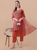 Woman wearing a multicolor embroidered rayon kurta with matching pants and a printed dupatta