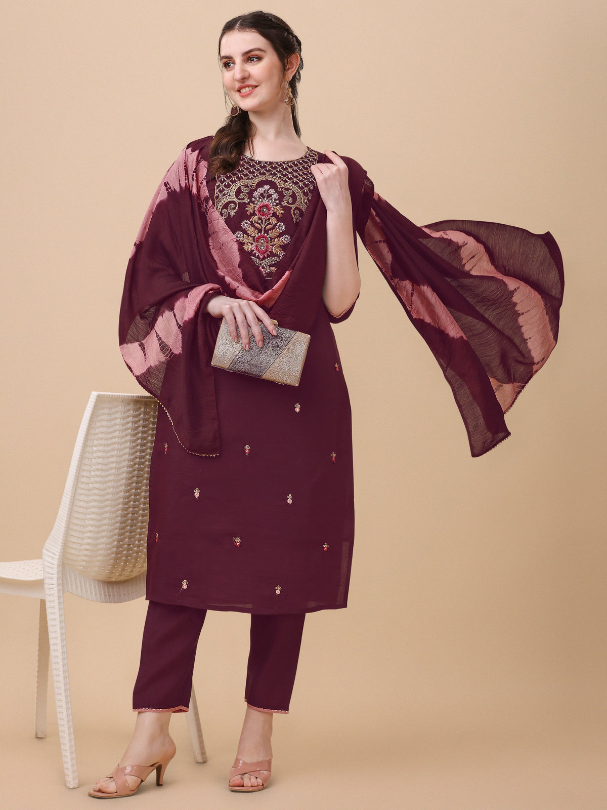 Multicolor embroidered rayon kurta set with 3/4th sleeves, pants, and matching dupatta