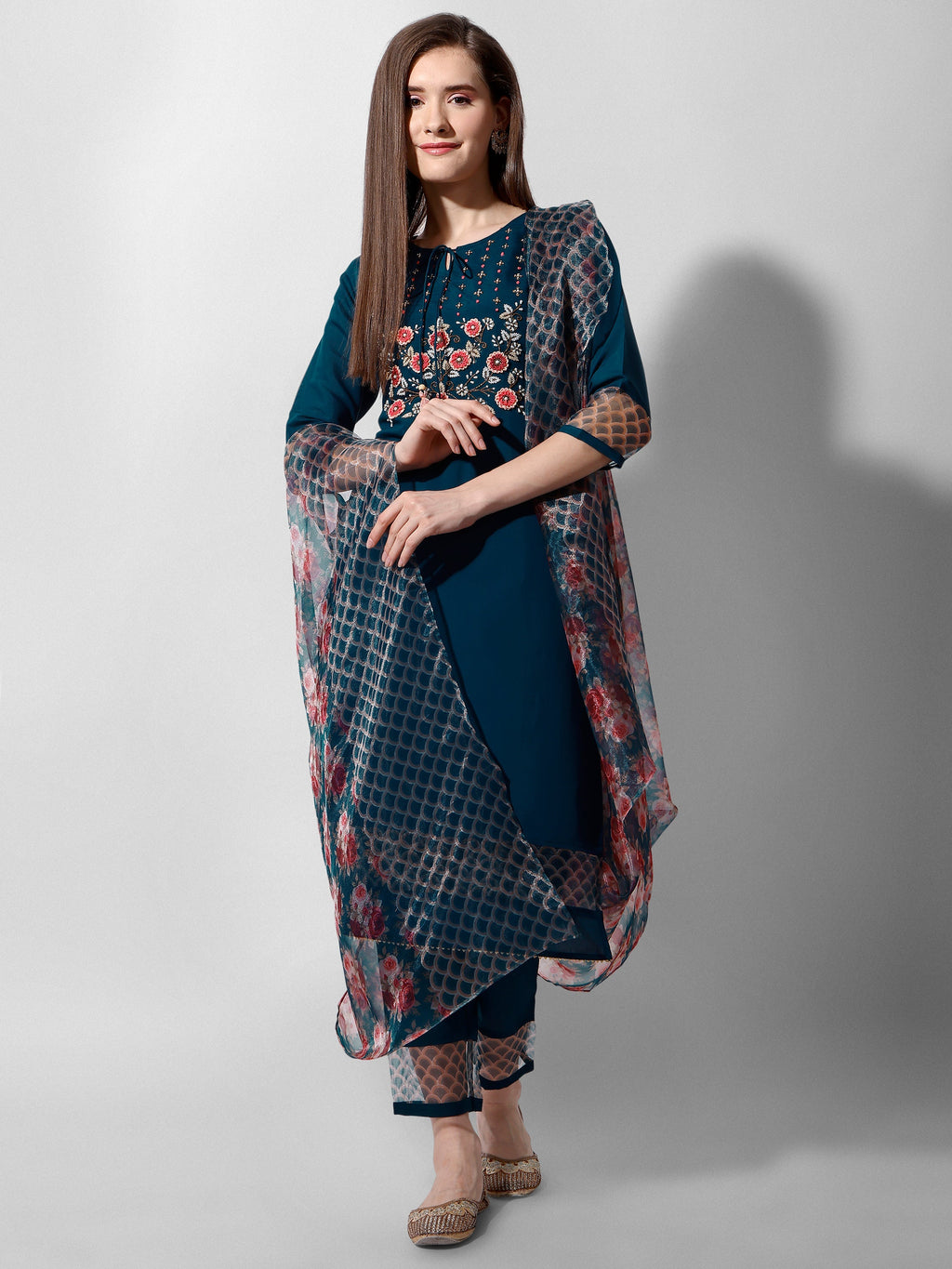 Premium multicolor hand embroidered kurta set with sheer organza dupatta