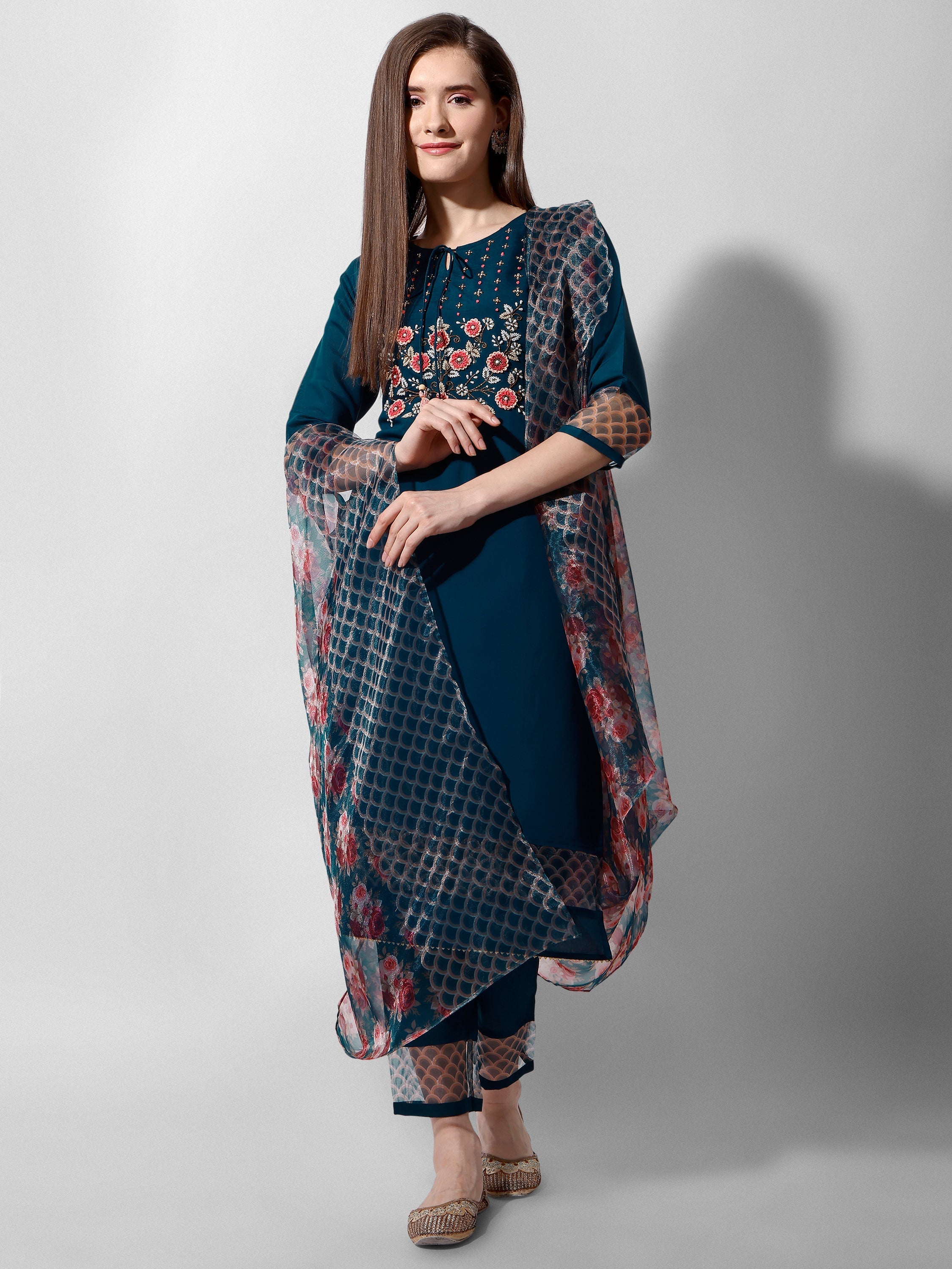 Premium multicolor hand embroidered kurta set with sheer organza dupatta
