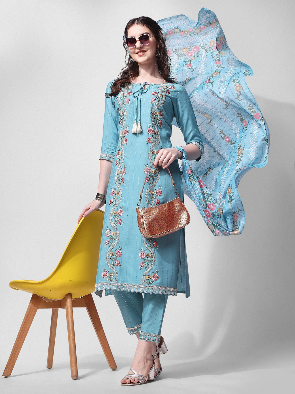 Multicolor embroidered and sequined rayon kurta set with pant and dupatta