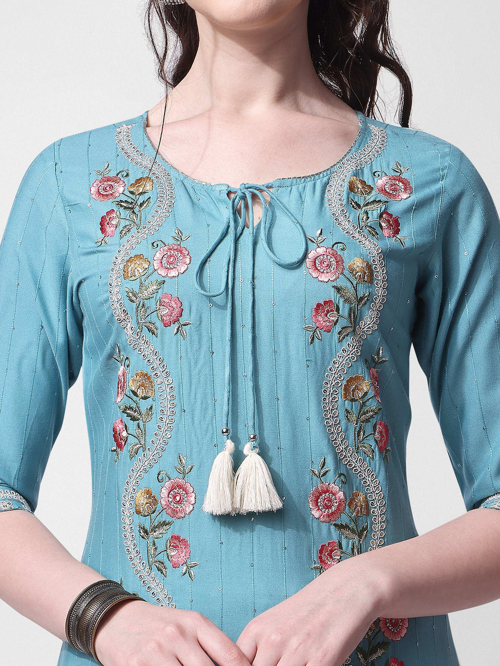 Embroidered Rayon Sequined Kurta with Pant & Dupatta Set