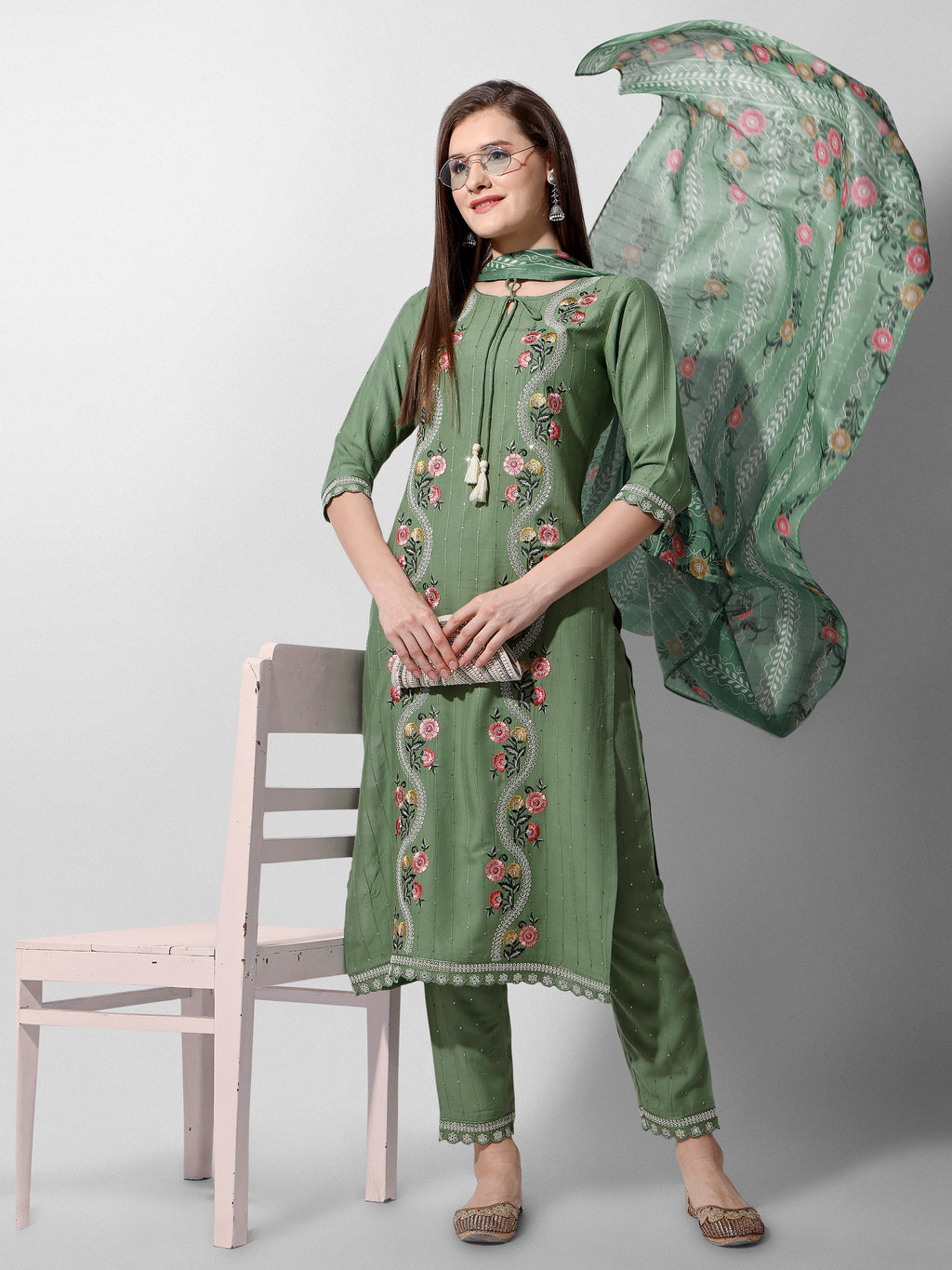 Premium green sequined rayon kurta set with matching pants and dupatta