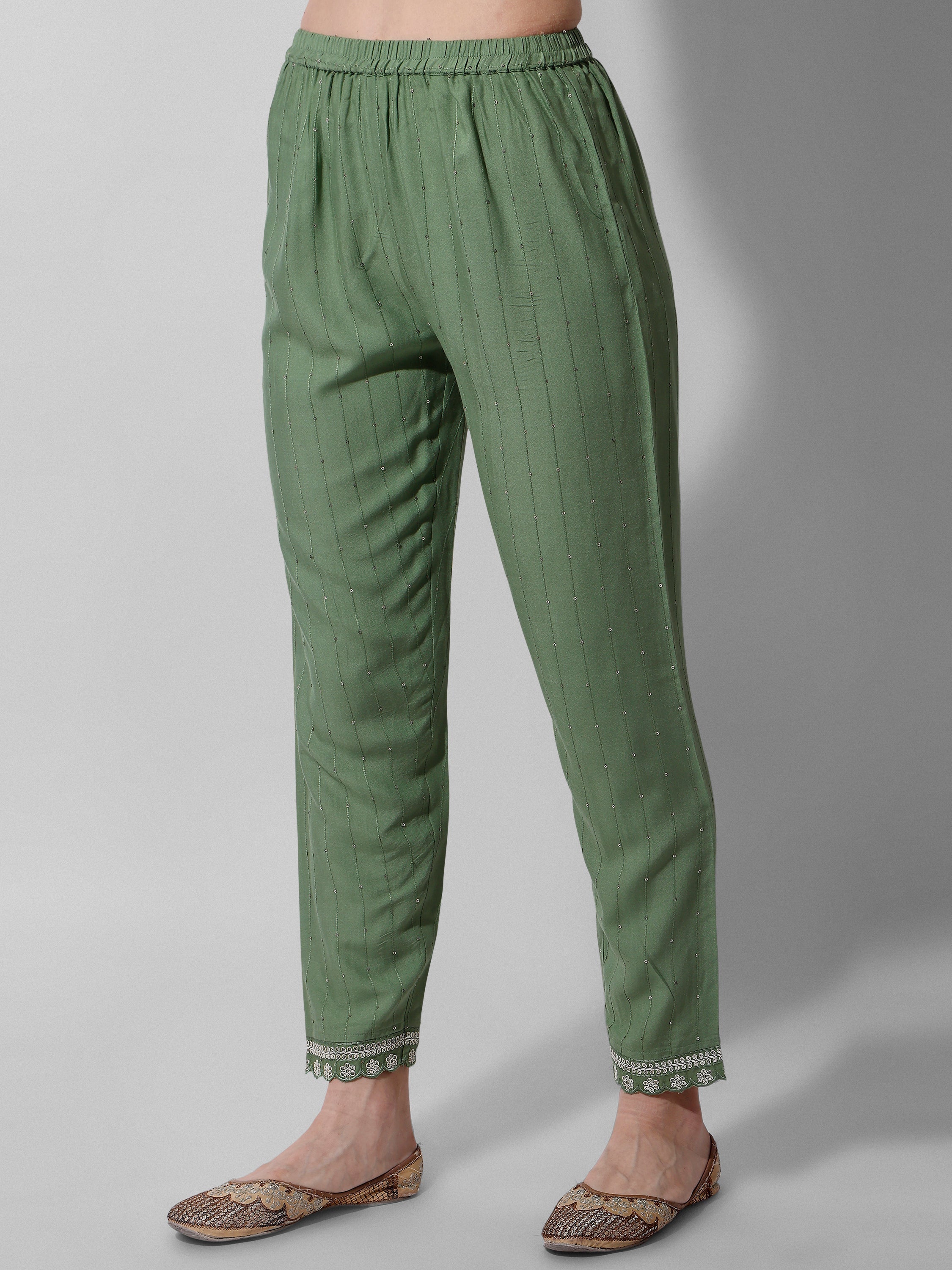 Premium Sequined Green Kurta with Pant and Dupatta Set