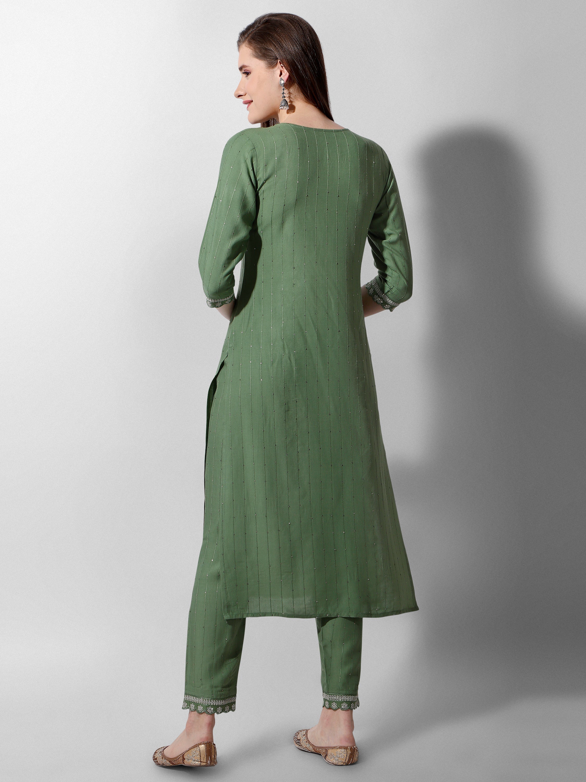 Premium Sequined Green Kurta with Pant and Dupatta Set