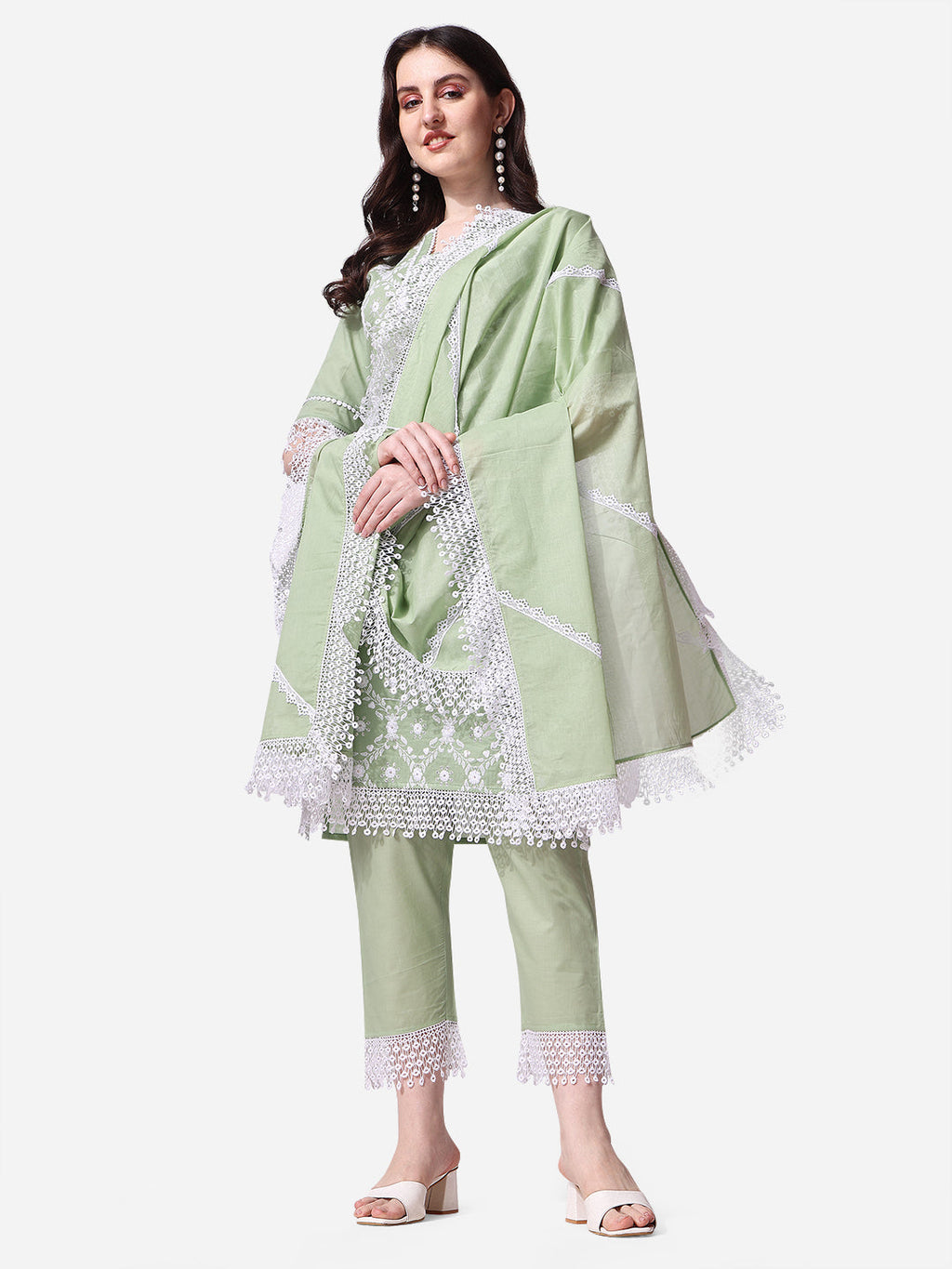 Multicolor Lucknawi embroidered rayon kurta paired with matching pants and a dupatta