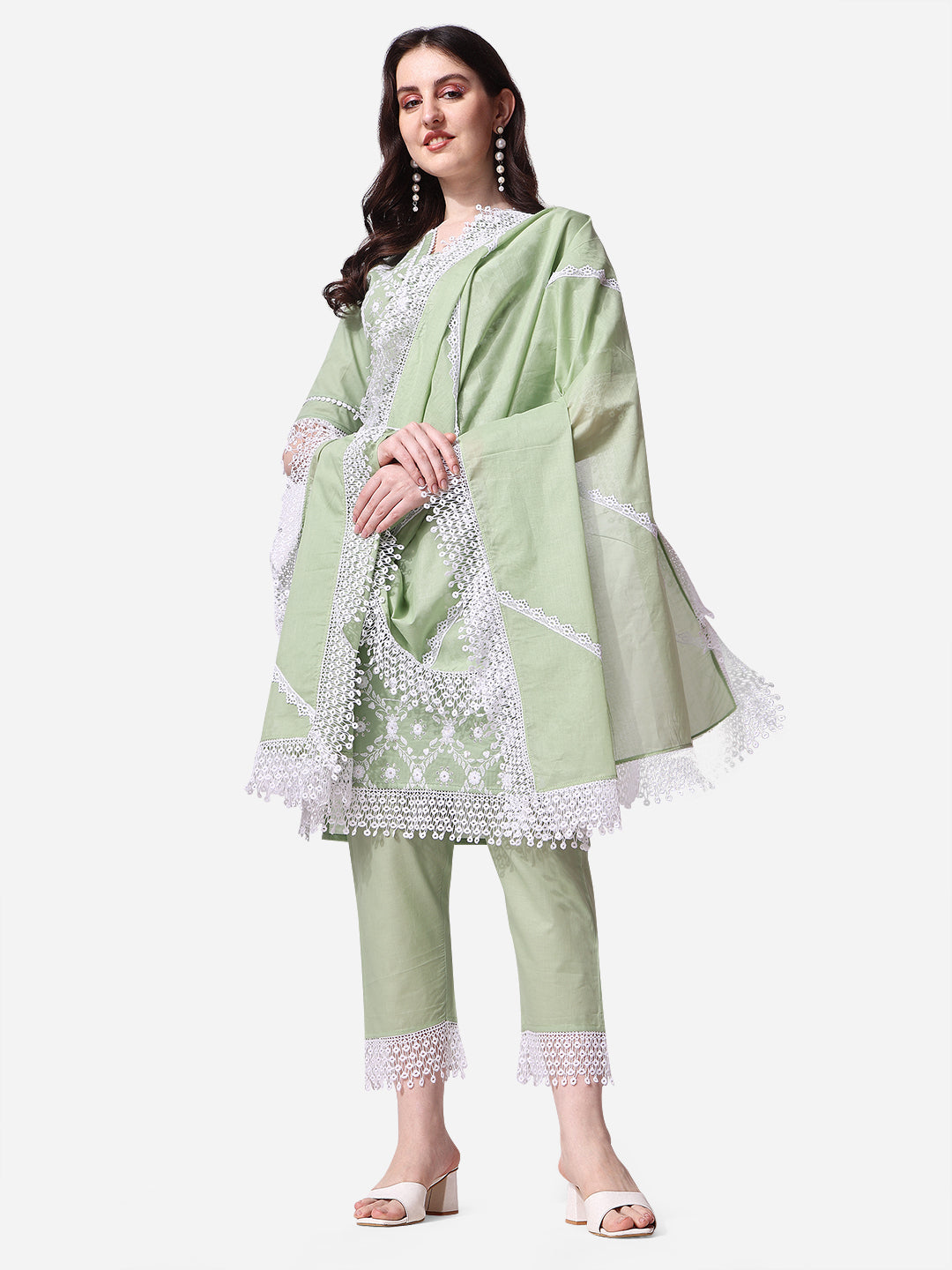 Multicolor Lucknawi embroidered rayon kurta paired with matching pants and a dupatta