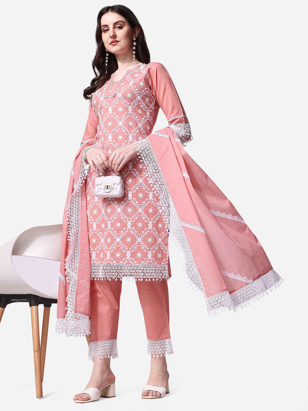 Multicolor Lucknawi embroidered rayon kurta set with matching pants and dupatta
