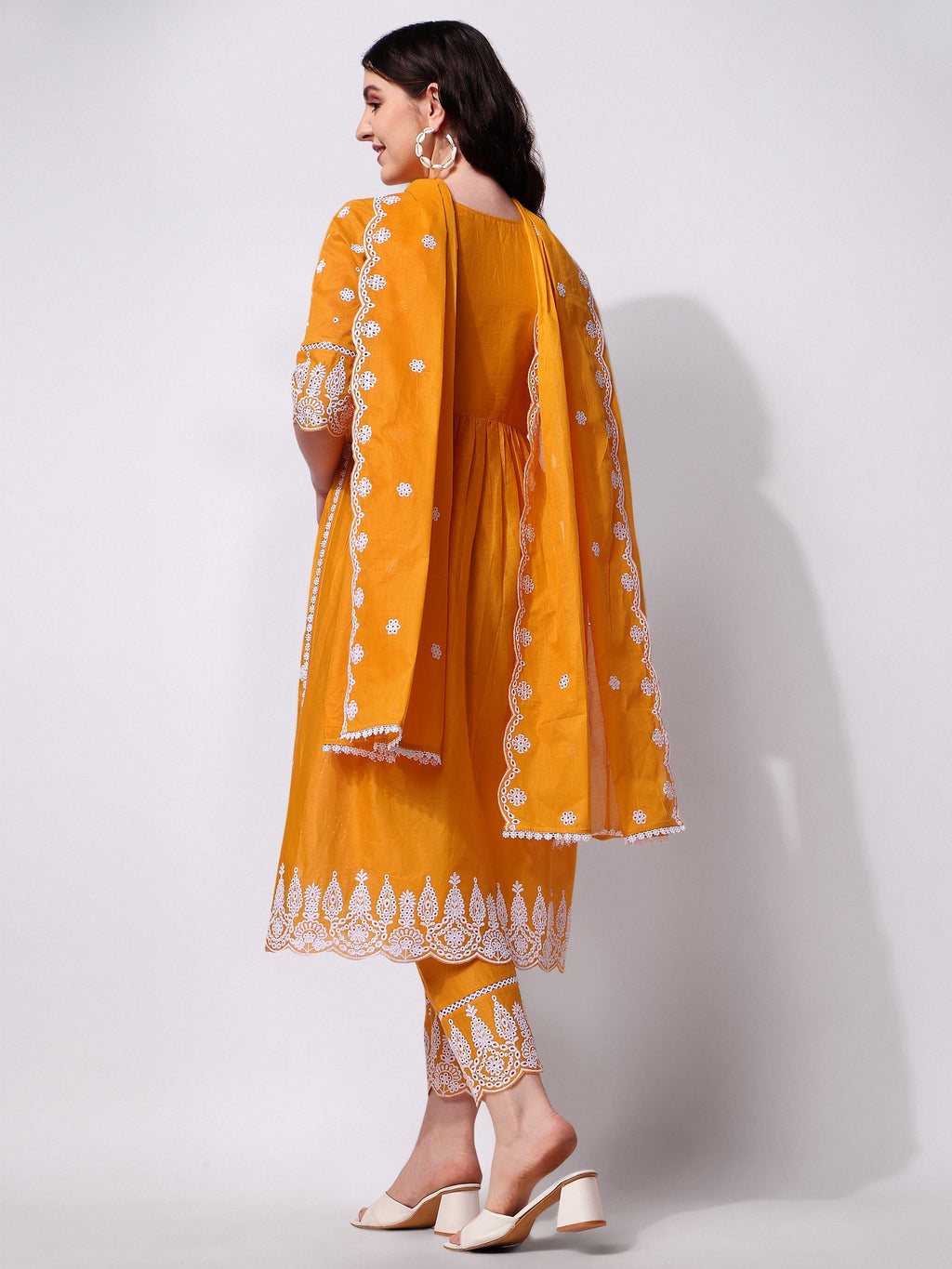 Nayra Cut Chikankari Embroidered Kurta Pant and Dupatta Set