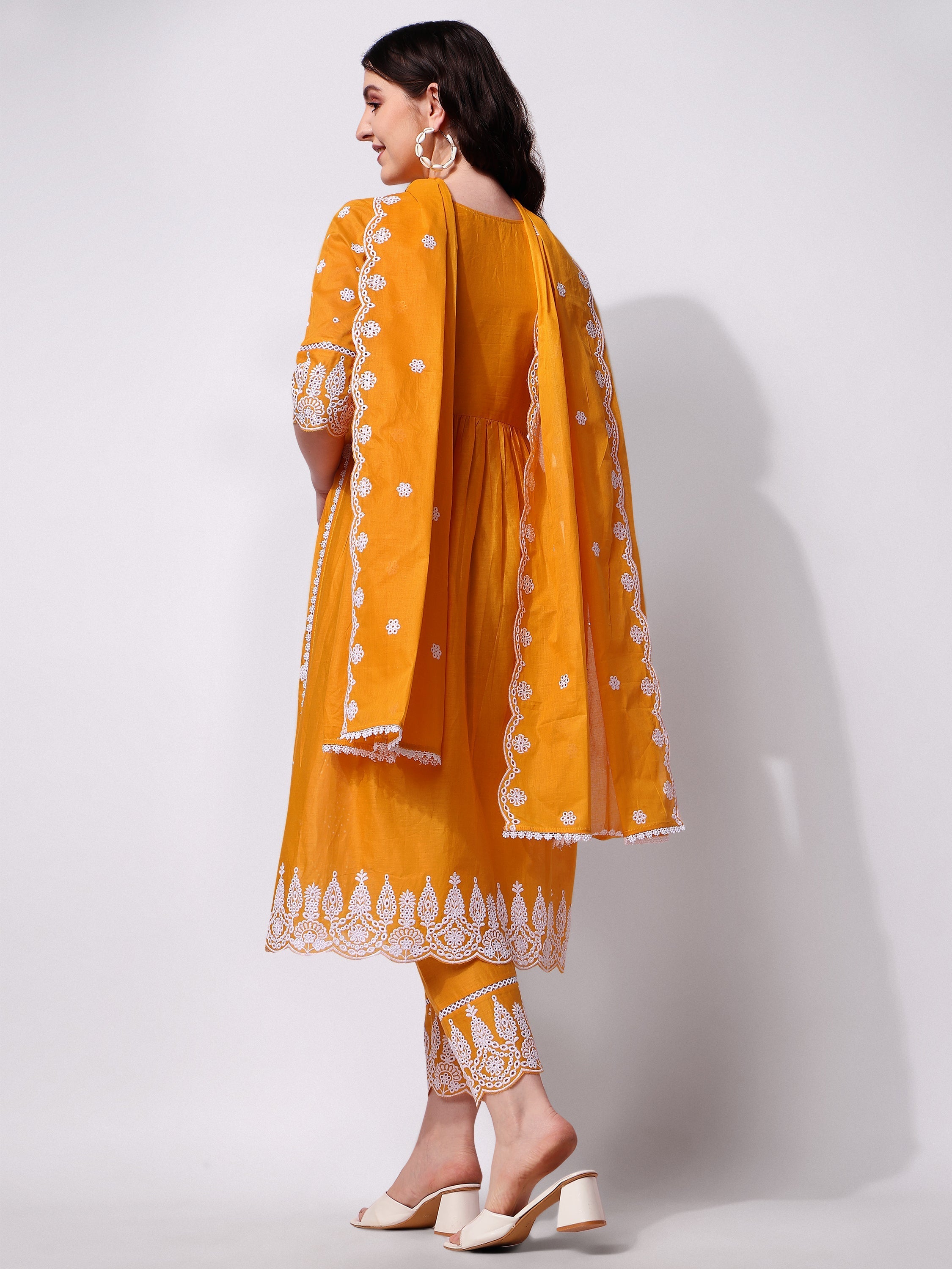 Nayra Cut Chikankari Embroidered Kurta Pant and Dupatta Set
