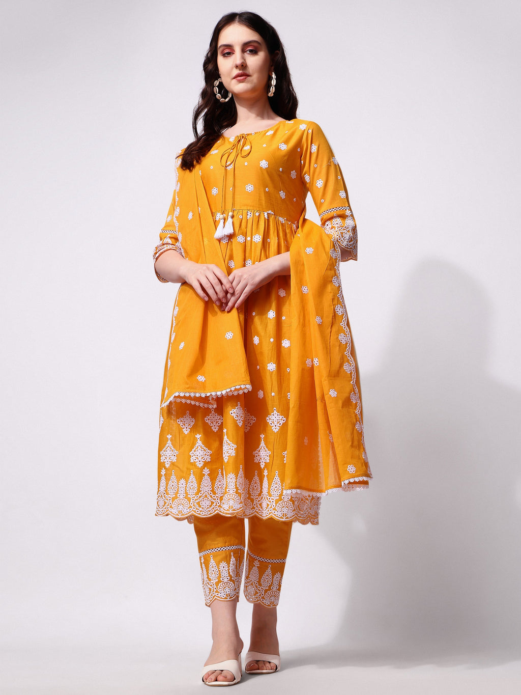 Close up of a Nayra cut kurta featuring intricate Chikankari embroidery and multicolor design.