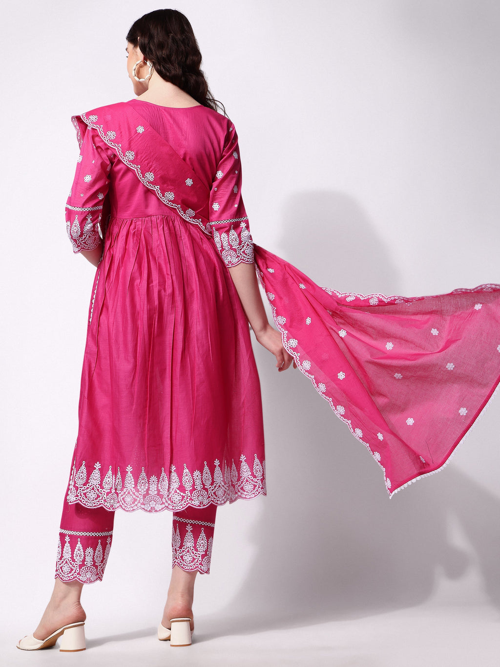 Multicolor Nayra Cut Chikankari Embroidered Kurta Set with Dupatta