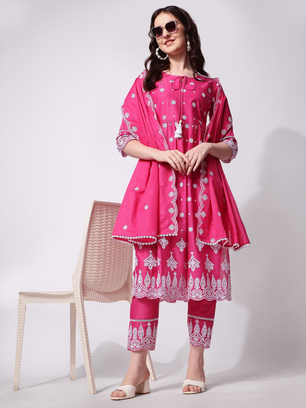 Multicolor Nayra Cut Chikankari Embroidered Kurta with matching pant and dupatta set