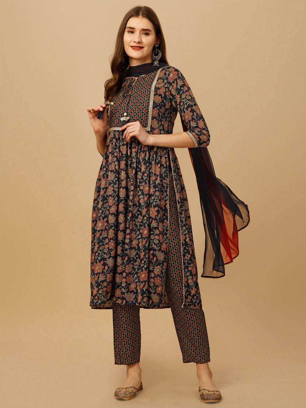 Nayra cut multicolor kurta with detailed embroidery, matching pant, and dupatta