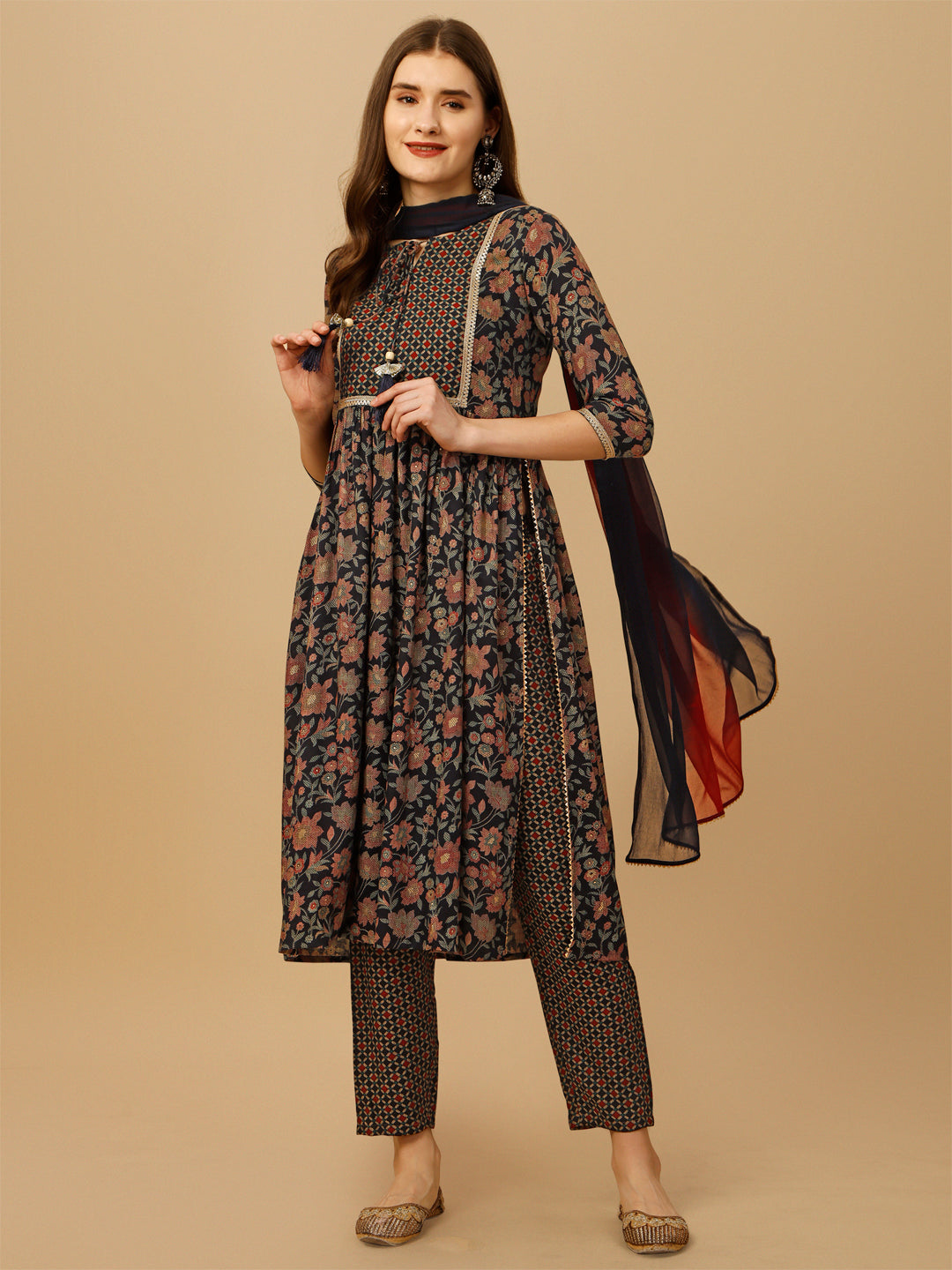 Nayra cut multicolor kurta with detailed embroidery, matching pant, and dupatta