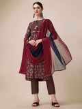 Stylish multicolor embroidered rayon kurta set including pant and dupatta