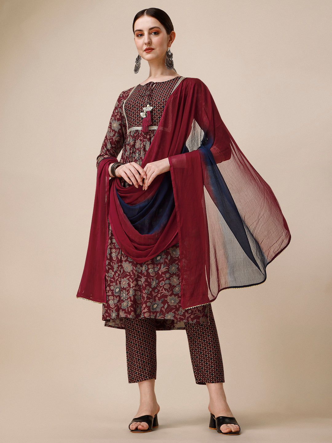 Stylish multicolor embroidered rayon kurta set including pant and dupatta