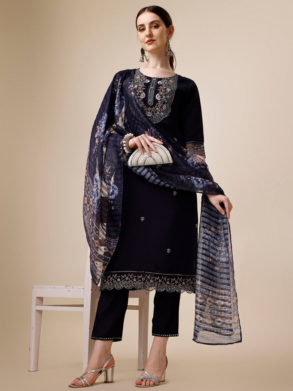 Multicolor hand embroidered kurta with pant and organza printed dupatta