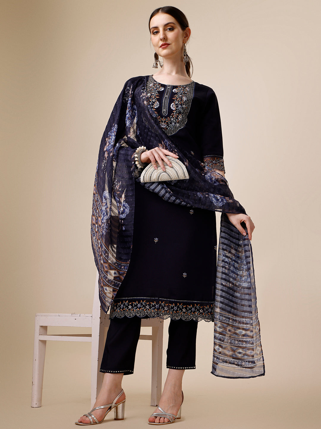 Multicolor hand embroidered kurta with pant and organza printed dupatta