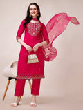 Multicolor embroidered rayon kurta with matching pants and floral printed organza dupatta.