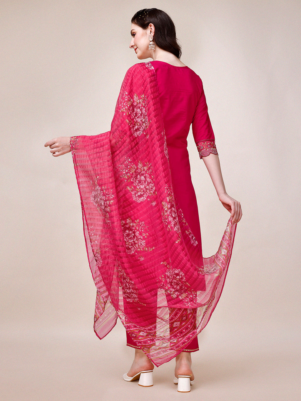 Multicolor Embroidered Kurta Set with Printed Organza Dupatta