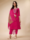 Multicolor hand-embroidered rayon kurta set with matching pants and dupatta.