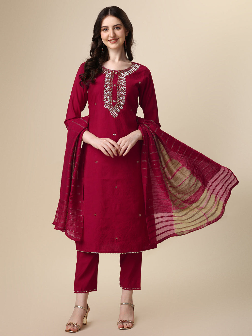 Hand Embroidered Kurta With Pant And Dupatta Set, Multicolor - Hiral Fashion