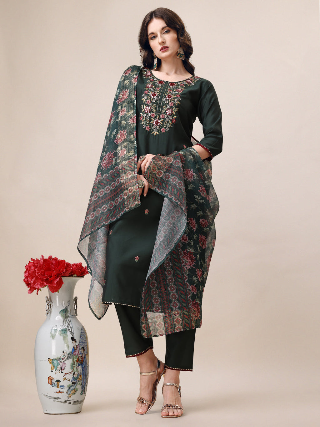 Multicolor embroidered rayon kurta set with pant and dupatta