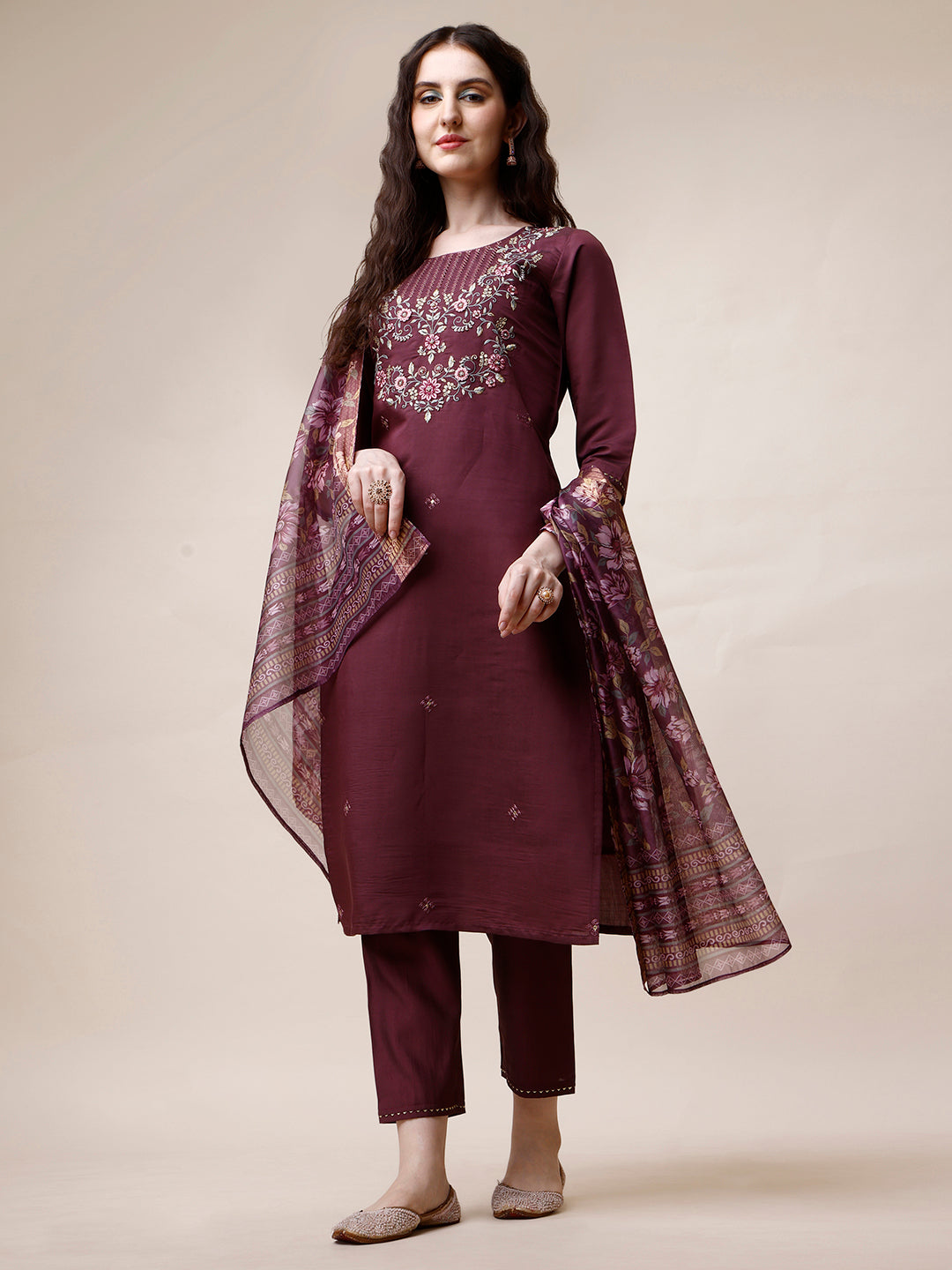Multicolor embroidered rayon kurta paired with matching pant and dupatta