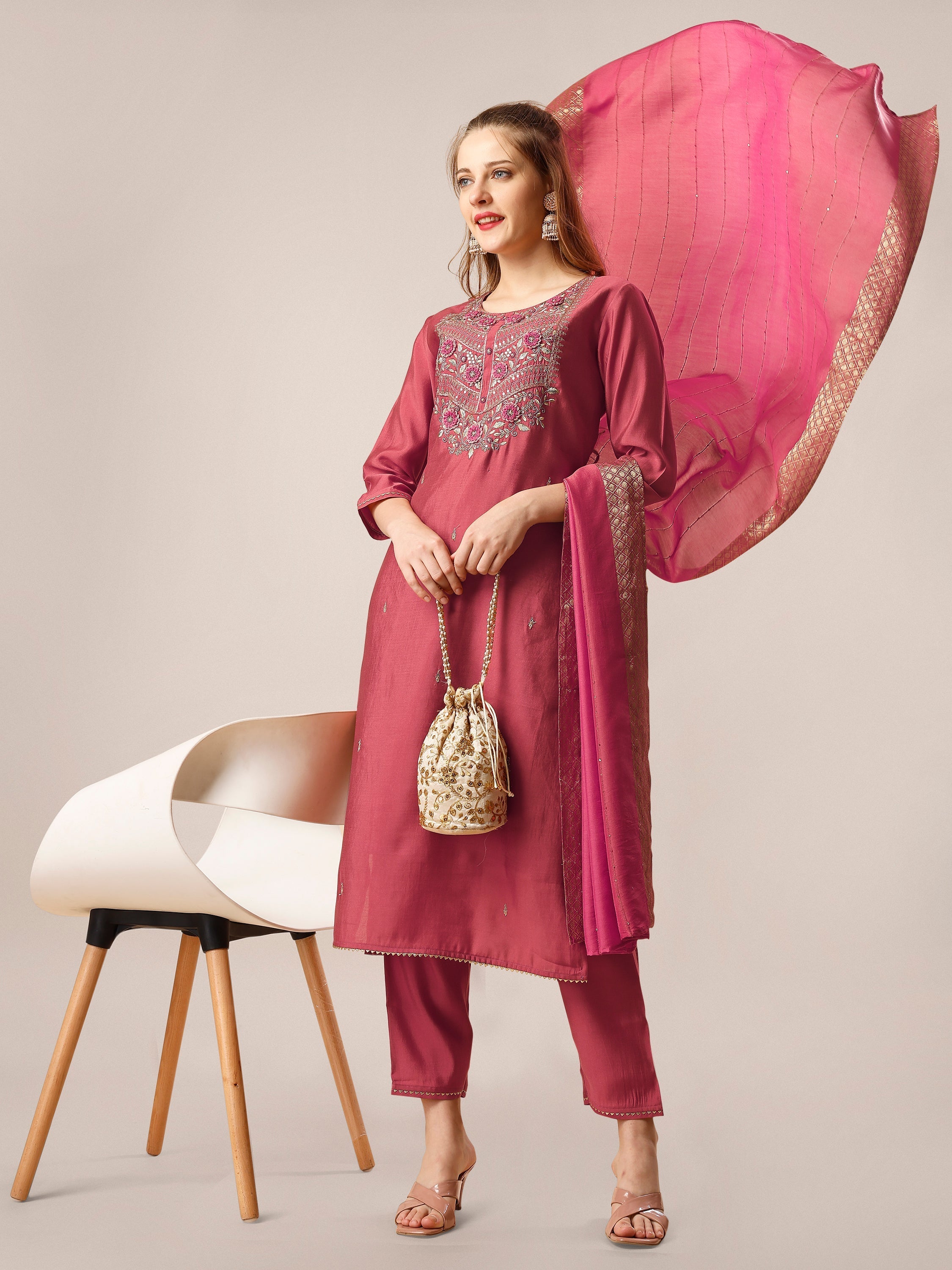 Hand embroidered multicolor kurta with matching pant and dupatta