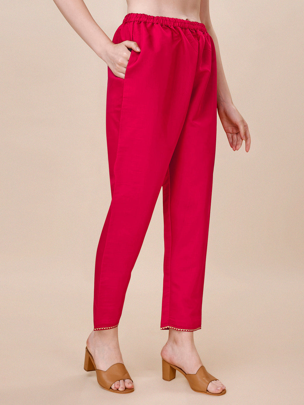 Hot Pink Chanderi Kurta Set with Pant and Dupatta - Multicolor