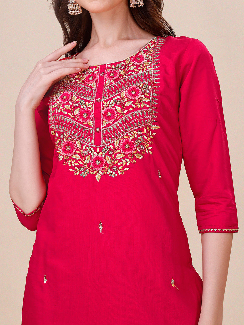 Hot Pink Chanderi Kurta Set with Pant and Dupatta - Multicolor