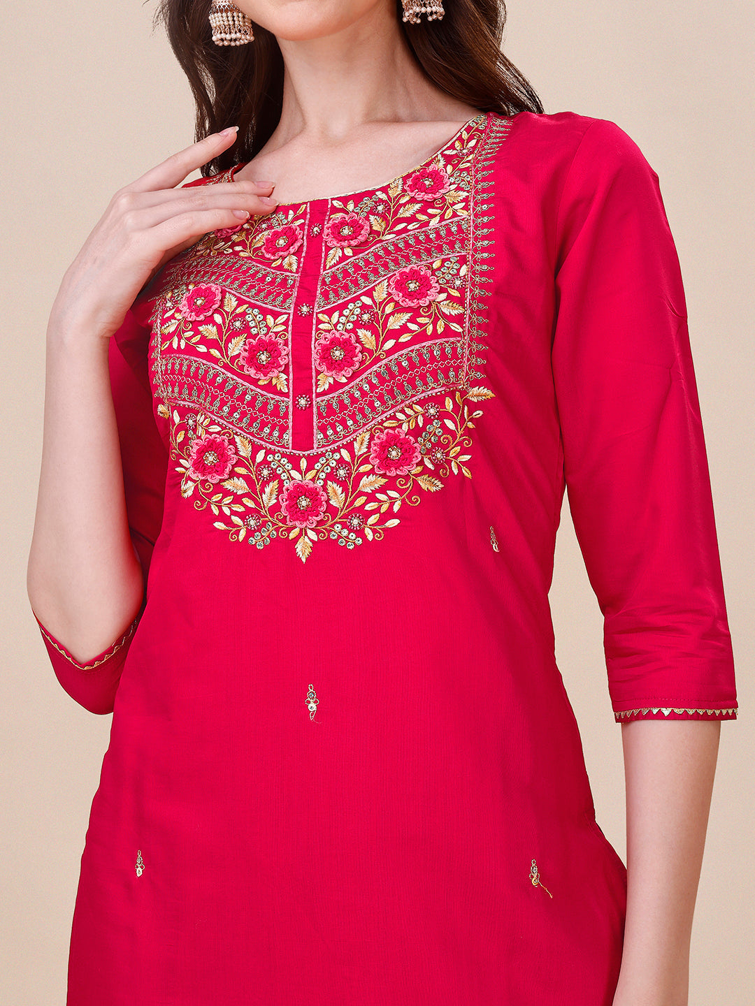 Hot Pink Chanderi Kurta Set with Pant and Dupatta - Multicolor