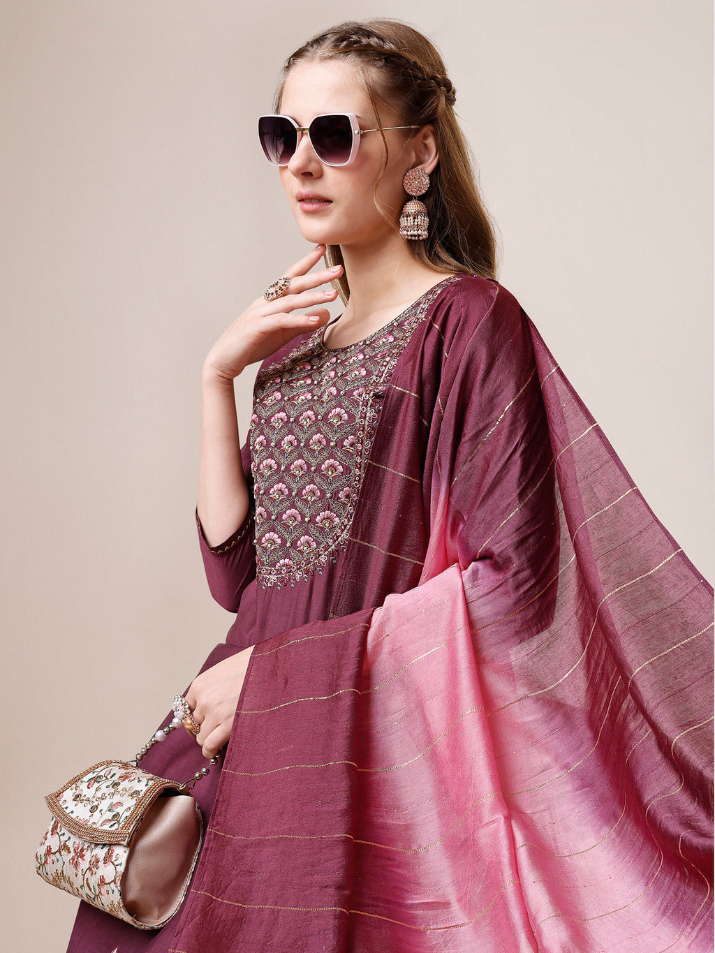 Multicolor Embroidered Kurta With Pant and Dupatta Set