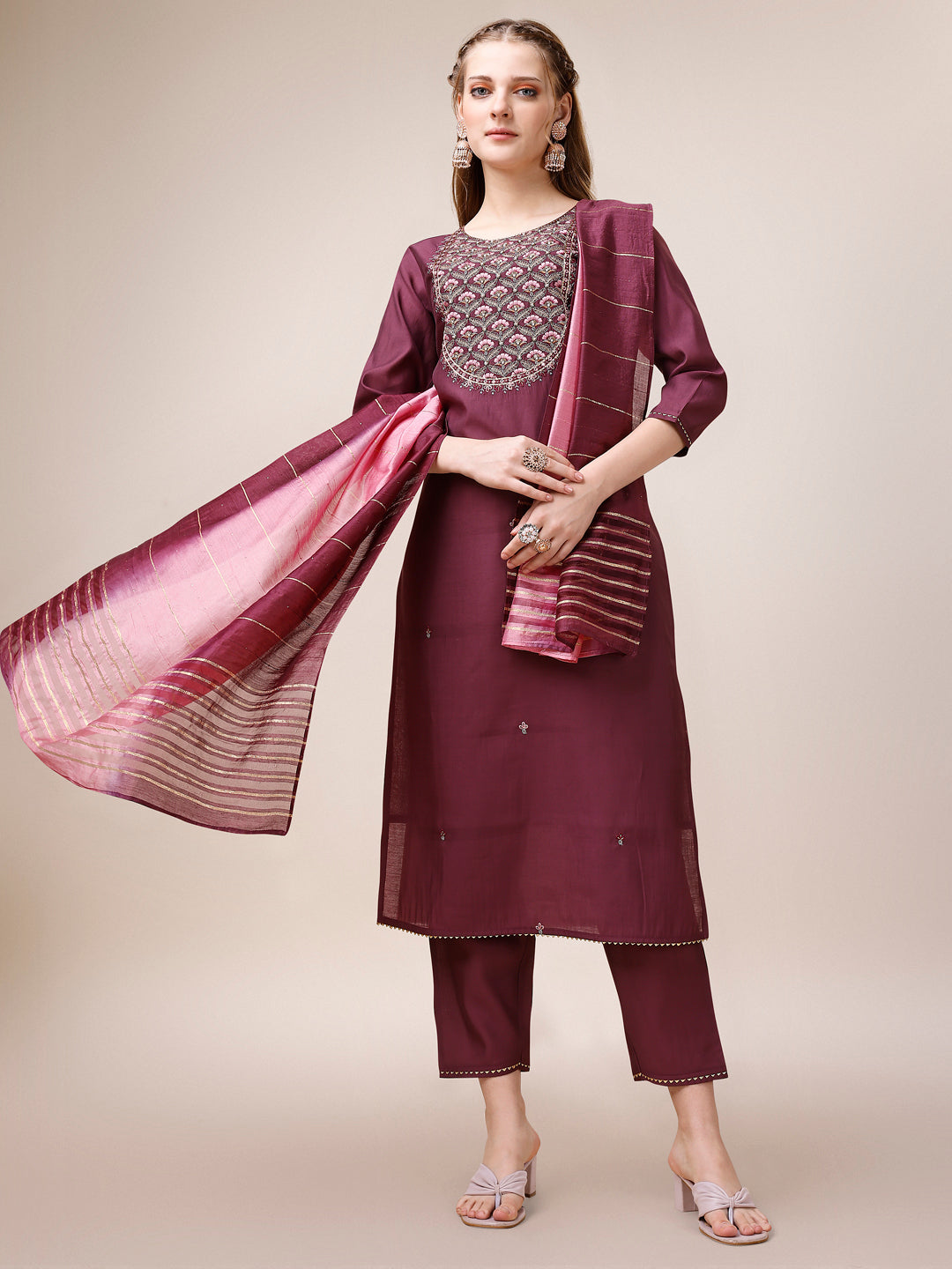 Multicolor embroidered kurta set with matching pant and dupatta in rayon fabric