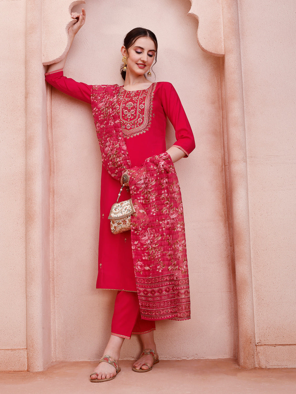 Close up of an embroidered multicolor kurta with 3/4th sleeves and matching dupatta