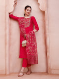 Close up of an embroidered multicolor kurta with 3/4th sleeves and matching dupatta