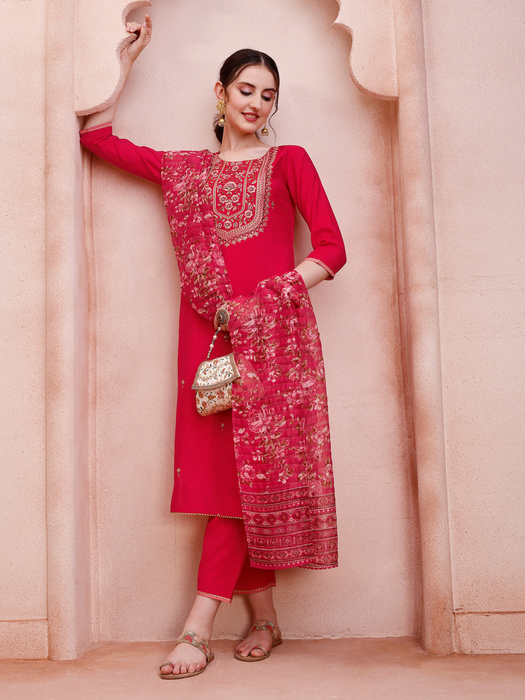 Close up of an embroidered multicolor kurta with 3/4th sleeves and matching dupatta