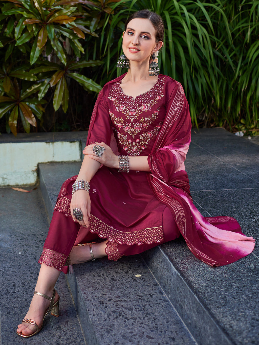 Premium multicolor hand-embroidered rayon kurta set with coordinating pant and dupatta.