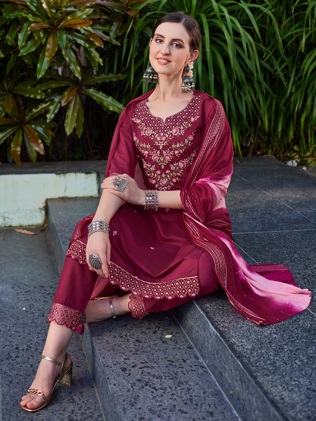 Premium multicolor hand-embroidered rayon kurta set with coordinating pant and dupatta.