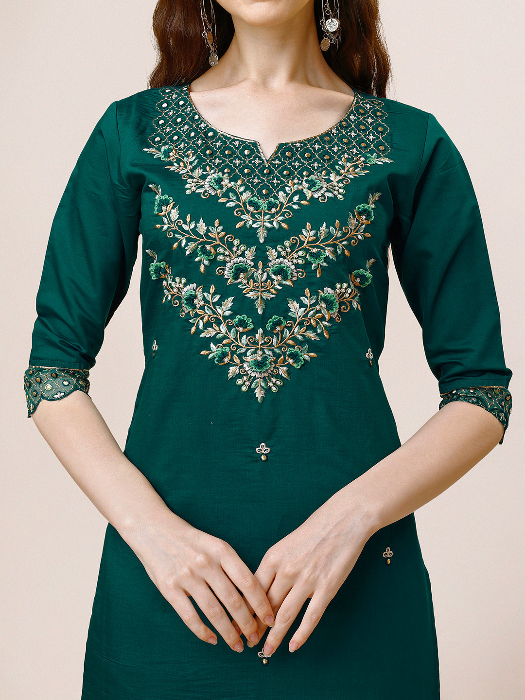Multicolor Hand Embroidered Chanderi Kurta with Pant & Dupatta Set