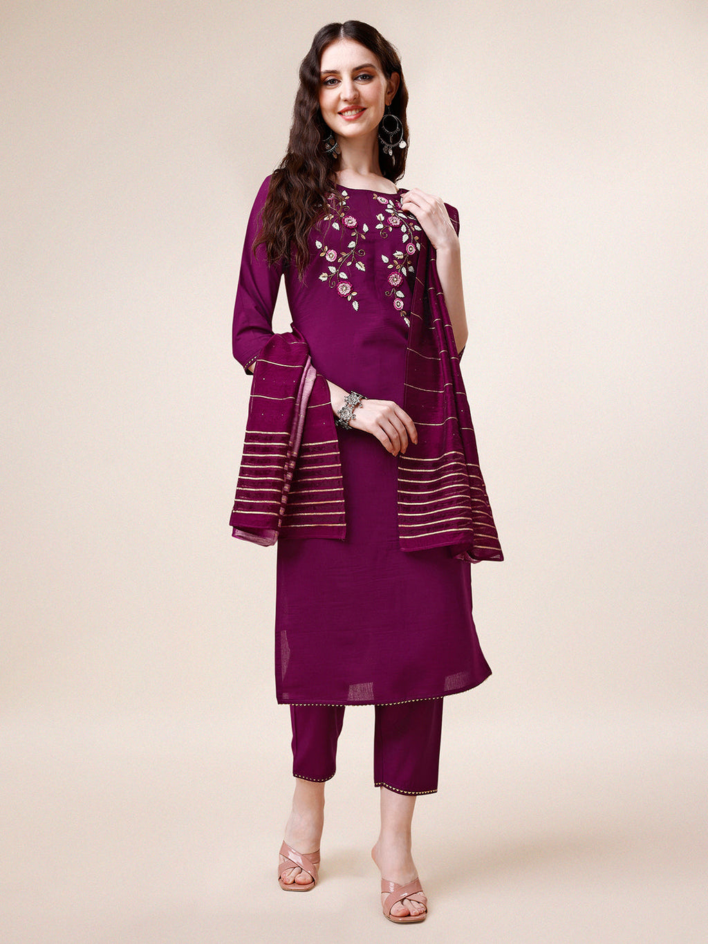 Close-up of hand embroidered multicolor rayon kurta with pants and dupatta