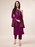 Close-up of hand embroidered multicolor rayon kurta with pants and dupatta