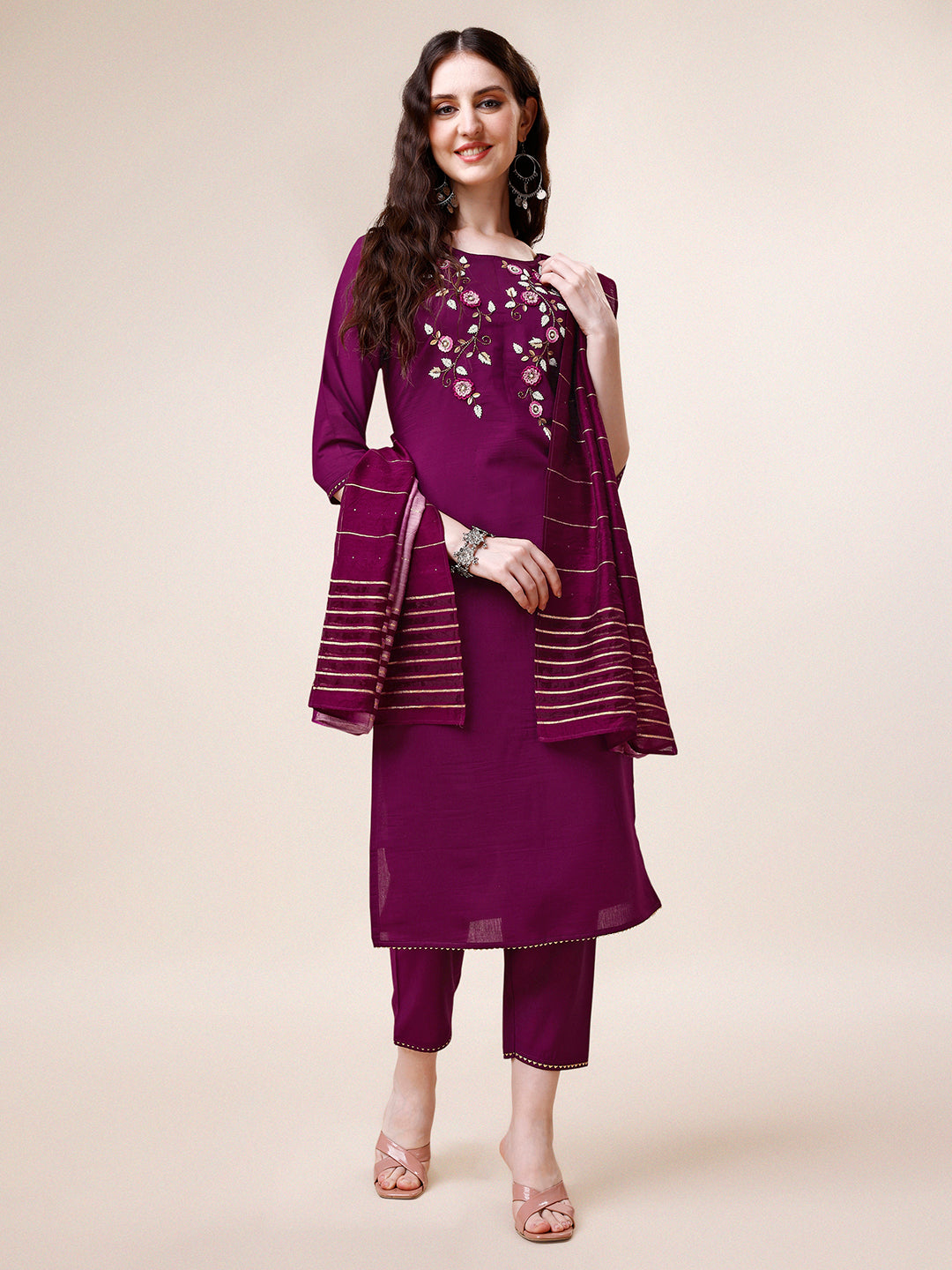Close-up of hand embroidered multicolor rayon kurta with pants and dupatta
