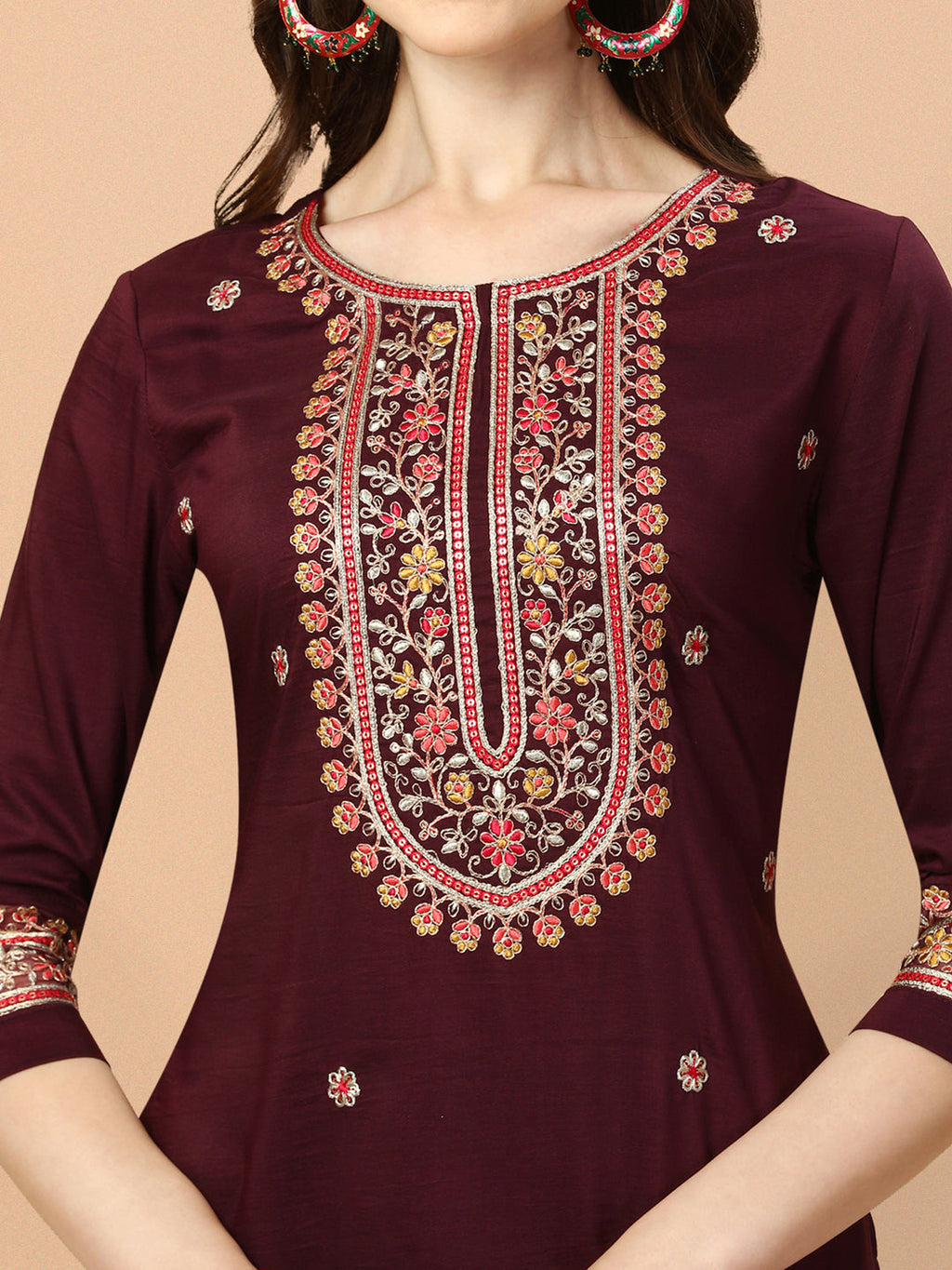 Embroidered Rayon Kurta Set with Organza Dupatta, Multicolor