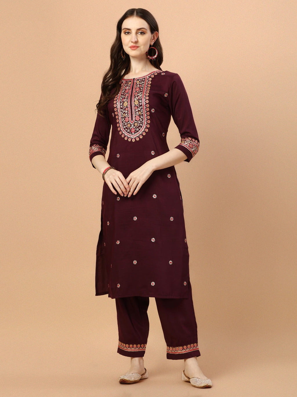 Embroidered Rayon Kurta Set with Organza Dupatta, Multicolor